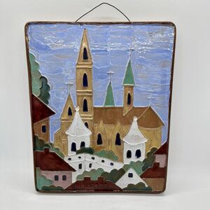 Terracotta Folk Art Pottery Budapest Tile Plaque Wall Hanging 9” Vintage Signed